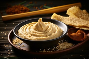 Fototapeta premium Thick Sesame paste. Food table oil. Generate Ai