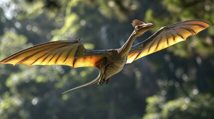 Flying dinosaur, Pterodactyl, flying high in sky in prehistoric environment. Photorealistic.