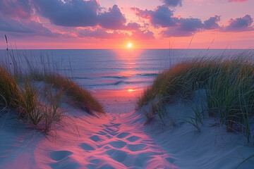 Pink sunrise over snowy dunes on the beach, sunset, in the style of Monet. Created with Ai - obrazy, fototapety, plakaty