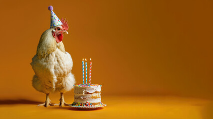 Chicken with birthday hat and cake on orange background	
