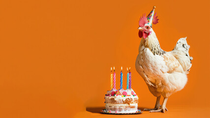 Chicken wearing a birthday hat in front of a cake on orange background	
