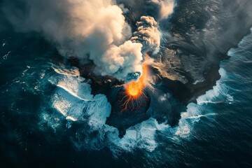 Aerial view of an active volcano rising from the ocean, emitting steam and ash, surrounded by water - obrazy, fototapety, plakaty