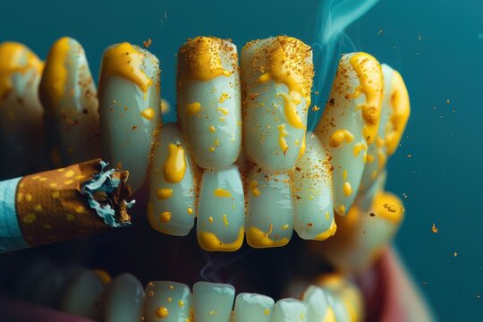 A graphic of yellowstained fingers and teeth, highlighting physical signs of smoking