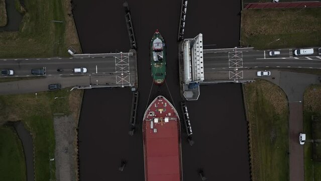 Aerial video of cargo ships in Appingedam Netherlands