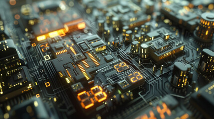 A macro shot of a computer motherboard with numbers and codes representing digital stock trading