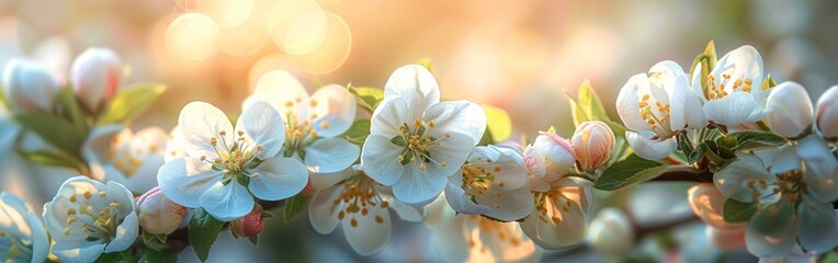 White Apple Blossom Panorama: Spring Flowers on Tree with Soft Bokeh Background