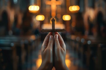 Hands holding a cross in prayer during Catholic Mass, spirituality and faith concept - obrazy, fototapety, plakaty