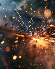 A detailed view of a welding process with sparks flying, highlighting the skill and heat involved in metal fabrication - obrazy, fototapety, plakaty