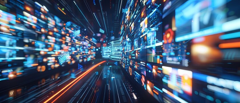 A digital news stream in 3D, showcasing future technology breakthroughs with a large, empty area for additional content