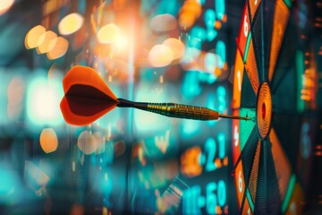Bullseye with a winning dart, against a bokeh of stock market numbers for an annual corporate achievements report - obrazy, fototapety, plakaty