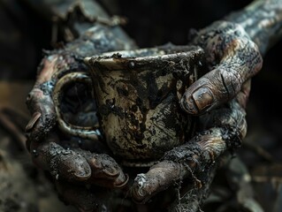 Close-up of a moldy coffee cup clutched by a zombie's gnarled fingers, with dark, stagnant liquid - obrazy, fototapety, plakaty