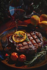 Steak set off with a red wine and lemon slice - obrazy, fototapety, plakaty