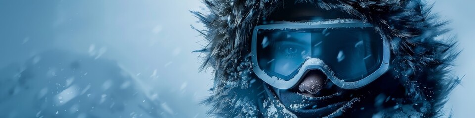 Close-up of an Arctic hiker in fur hood and frosty goggles, braving a blizzard, Ice Age-themed, retro painting style, blues and whites - obrazy, fototapety, plakaty