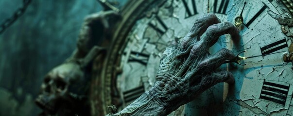 Close-up of a zombie's hand adjusting a broken clock face, with time standing still - obrazy, fototapety, plakaty