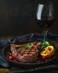 Steak set off with a red wine and lemon slice