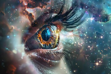 Human eye fading into vast nebula with stars and galaxies, digital art