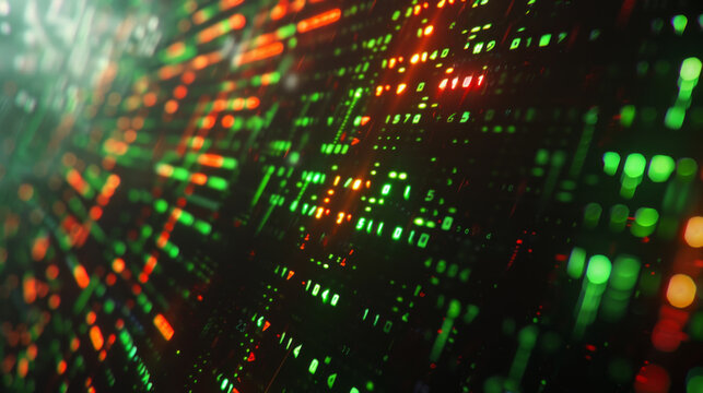 A close-up of a stock ticker scrolling rapidly with green and red letters indicating price changes