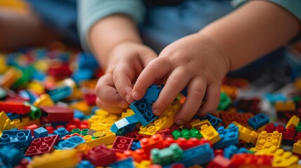 a child's hands playing with colorful building blocks