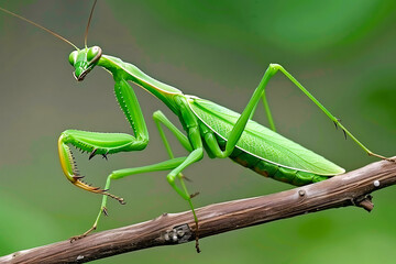 Green praying mantis on a branch