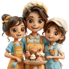 A 3D animated cartoon render of a mother teaching kids how to churn ice cream.