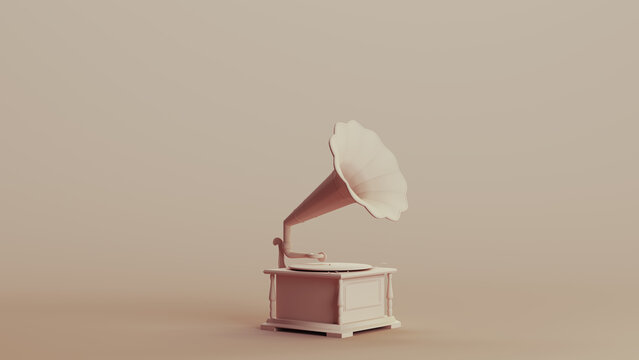 Gramophone old fashioned record player speaker neutral backgrounds soft tones beige brown pottery traditional 3d illustration render digital rendering