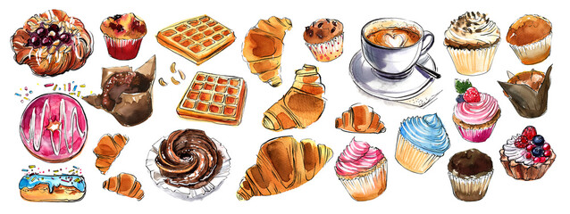Food sketches. Sweets, pastries, cupcakes, muffins and coffee. Watercolor drawings and ink. 