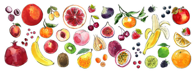Citrus fruits color sketch in watercolor and ink. Lemon, orange, ugli fruit, tangerine, kumquat - 779926494