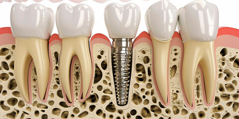 Dental implantation. Jaw bones and healthy teeth, screw and implant abutment. Dentistry and orthodontics