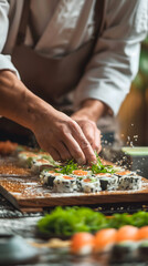 Obraz na płótnie Canvas Expert Sushi Chef Elegantly Prepares Sushi Rolls at a Restaurant