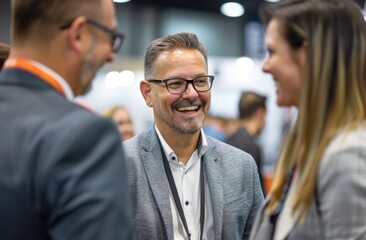 Businesspeople chat and laugh at a trade show, with one man in his thirties smiling amid colleagues, against a backdrop of product displays. - obrazy, fototapety, plakaty
