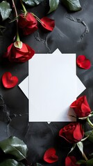 A romantic themed composition featuring red roses, heart-shaped ornaments, and a blank white card on a dark background