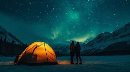 Couple camping in wild with tent and stunning aurora light at night. - obrazy, fototapety, plakaty