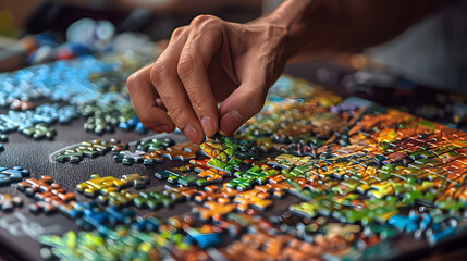 Hands of Senior Woman Doing Puzzle. Close up of Wrinkled Elderly Female Hands Putting Pieces of Yellow Jigsaw Puzzle Together. Focus on Hands.