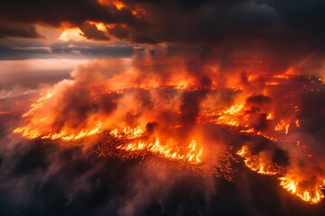 A large fire burns fiercely in the sky, sending billows of smoke upwards