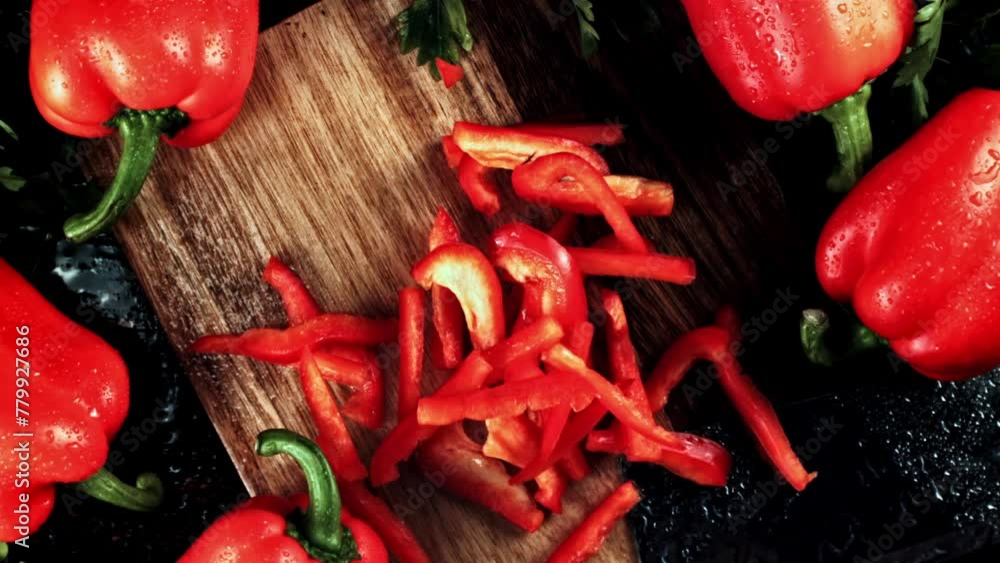 Sticker super slow motion chopped sweet peppers fall on a cutting board. high quality fullhd footage