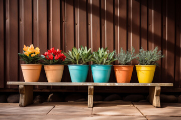 A trio of colorful plant pots arranged on a wooden bench.