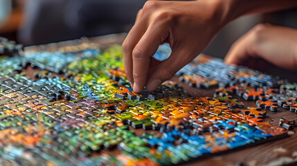 Hands of Senior Woman Doing Puzzle. Close up of Wrinkled Elderly Female Hands Putting Pieces of Yellow Jigsaw Puzzle Together. Focus on Hands.
