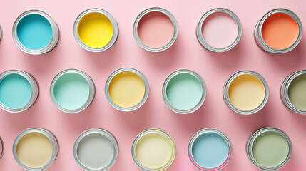Open Paint Cans Wallpaint Pastel Colors on Pastel Pink Background - Renovation Concept Wallpaper. Top View Flat Lay with Copy Space