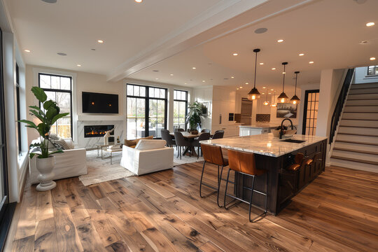 A photo of large open concept living room, dining area and kitchen with dark hardwood floors, white walls, modern lighting fixtures, stained oak flooring, white fireplace wall. Created with Ai