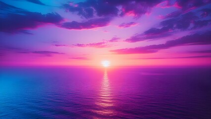 Seascape of the blue ocean reflects the violet color of the sky at sunset