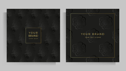 Cover design for your menu, wedding invitation, card, folder, notepad. Elegant floral pattern in black and gold. Set of square format templates. Vector illustration.