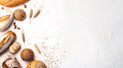 Scattered artisan bread on neutral background, a minimalist yet rich flatlay perfect for modern bakery sites
