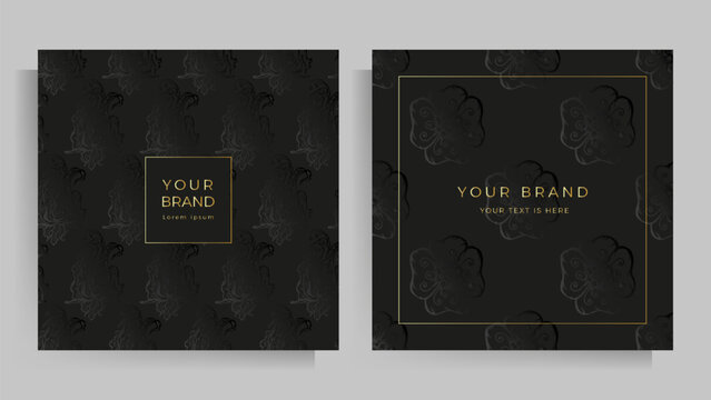 Cover design for your menu, wedding invitation, card, folder, notepad. Elegant floral pattern in black and gold. Set of square format templates. Vector illustration.