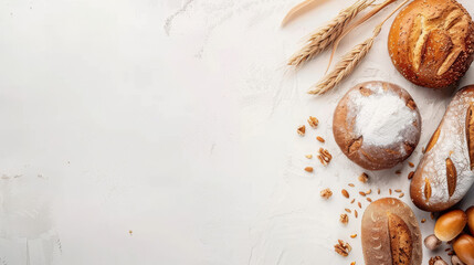 Scattered artisan bread on neutral background, a minimalist yet rich flatlay perfect for modern bakery sites