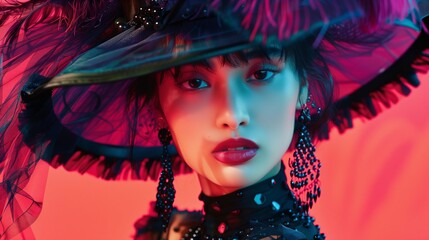 A woman wearing a black hat and black dress with red lipstick