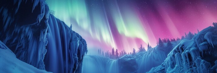 Waterfall with beautiful aurora northern lights in night sky with snow forest in winter. - obrazy, fototapety, plakaty