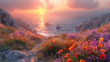  A breathtaking sunrise over the vast ocean, casting warm hues across an endless expanse of land covered in vibrant wildflowers. Created with Ai - obrazy, fototapety, plakaty
