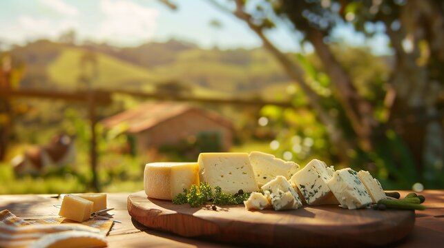 realistic photo of table with chees, farm background