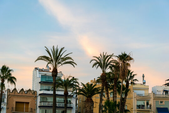 houses facades with palmtrees at sunset in Sitges Spain