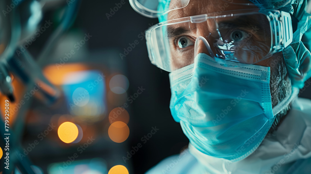 Poster a man in a lab coat and a face mask is looking at something through a microscope. concept of scienti